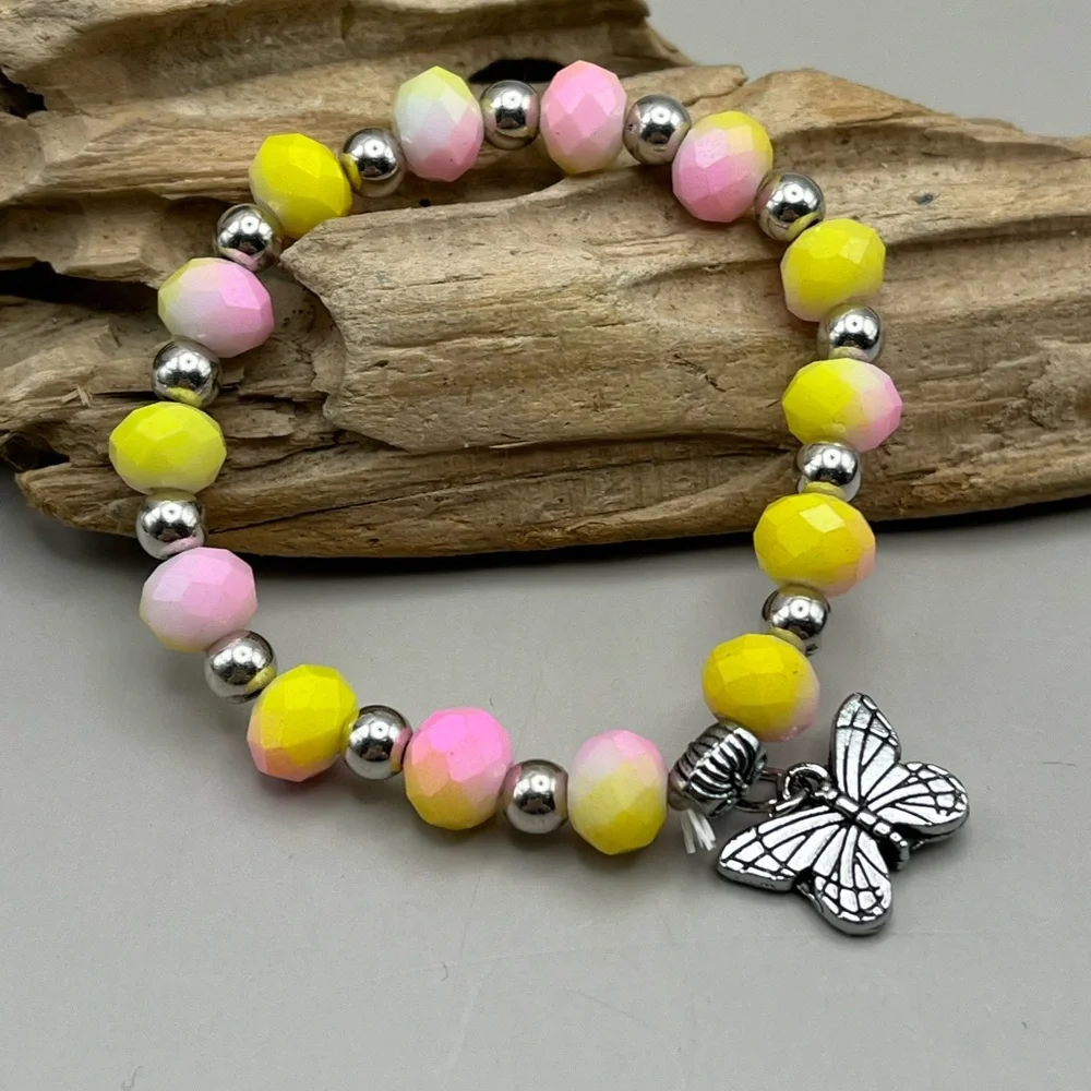 Yellow and Pink Beaded Bracelet with Butterfly Charm